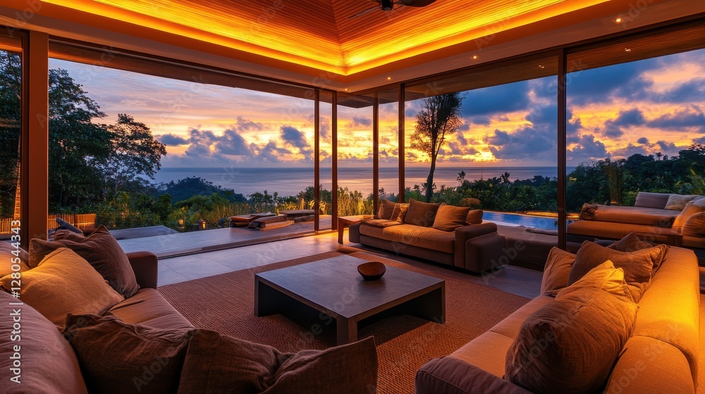 Fototapeta premium Luxury villa living room with floor-to-ceiling windows,