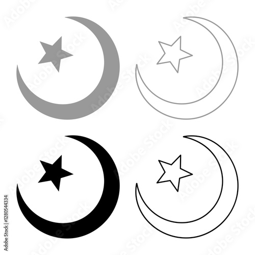 Symbol Alem Islam Halfmoon Arabic moon and star set icon grey black color vector illustration image solid fill outline contour line thin flat style