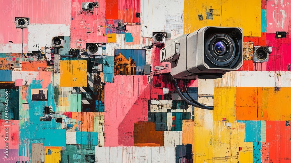 Fototapeta premium Surveillance cameras mounted on a colorful abstract background of squares