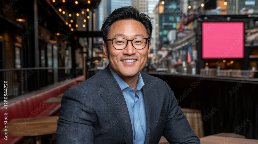 Fototapeta premium smiling man in suit sitting at restaurant with modern interior, showcasing vibrant urban atmosphere
