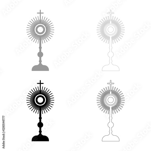 Monstrance Christi Sacrament of the eucharist set icon grey black color vector illustration image solid fill outline contour line thin flat style