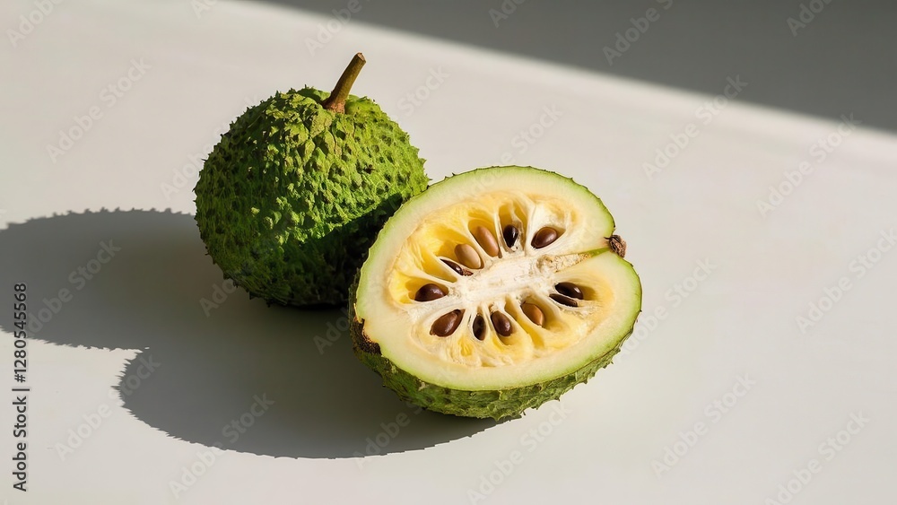 Fresh Organic Annona Muricata (Soursop) Fruit - Whole and Halved on White Background Fresh Organic Annona Muricata (Soursop) Fruit - Whole and Halved on White Background