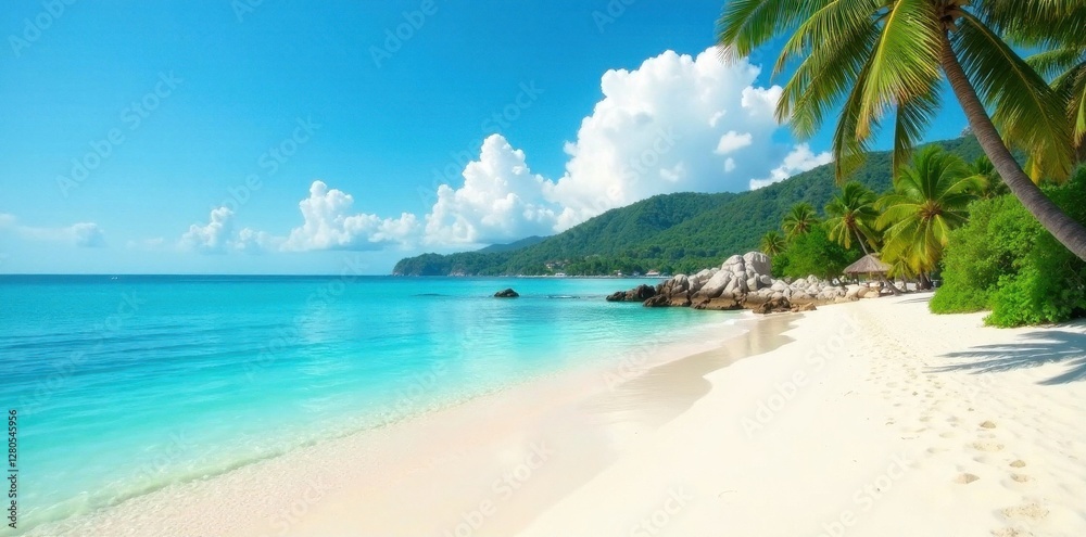 Serene beach, calm turquoise water, soft sand , still, shoreline Serene beach, calm turquoise water, soft sand , still, shoreline