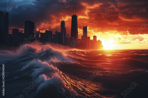 Dramatic Sunset Behind a City Skyline With Turbulent Ocean Waves in the Foreg...