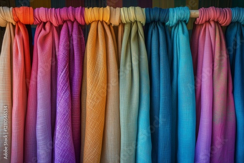 Colorful Woven Scarves Displayed in a Market During a Sunny Afternoon