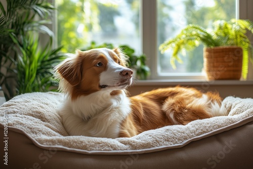 Dog Lounging Comfortably in a Sunlit Room Surrounded by Houseplants During a ...