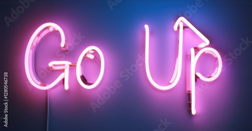 Neon sign with go up, featuring neon escalator steps and a rising arrow, creating a vibrant, colorful, and dynamic visual that symbolizes progress, elevation, and movement