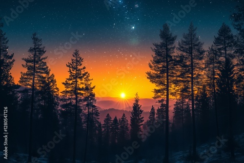 Stunning Sunset Over a Forest With Silhouettes of Pine Trees and a Starry Sky...