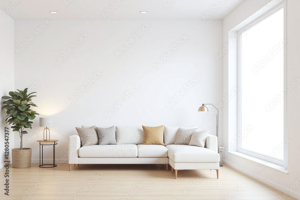 Fototapeta premium Modern living room with large window white sofa and small side tables