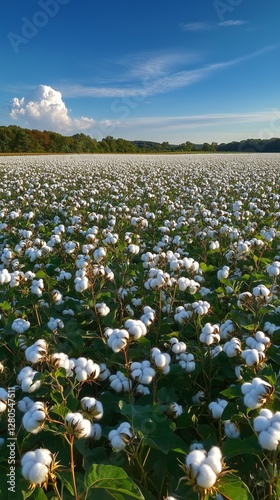 Cotton Field Under a Clear Blue Sky During Daylight Hours in a Rural Area