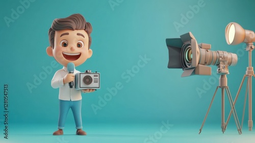Cheerful Cartoon Boy Reporter Holding Microphone Near Camera and Studio Lighting