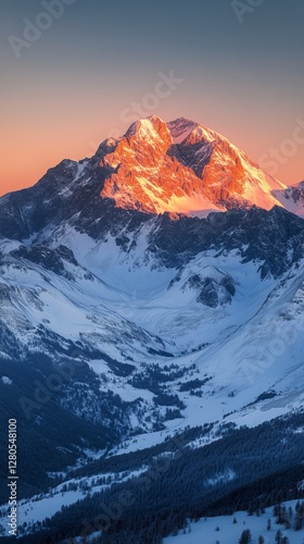 Majestic Snow-Capped Mountain Range Bathed in Golden Sunrise Light During Win...