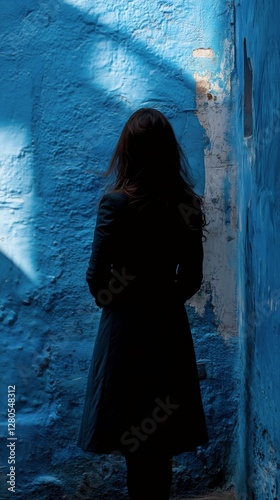 Shadow of a Person Against a Vibrant Blue Wall in an Urban Setting During Day...