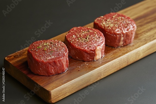 Gourmet Beef Steak Slices Garnished With Herbs on Wooden Board Ready for Serving