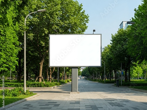 Blank Billboard in a Lush Urban Park Setting. A wide, empty billboard stands prominently in a park-like urban setting.