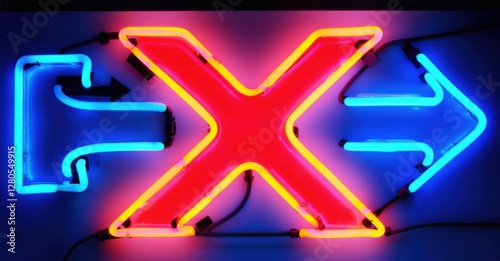 Neon no entry sign with a glowing red X and reversed arrows, creating a vibrant, colorful atmosphere that clearly signals restriction and the need for caution photo