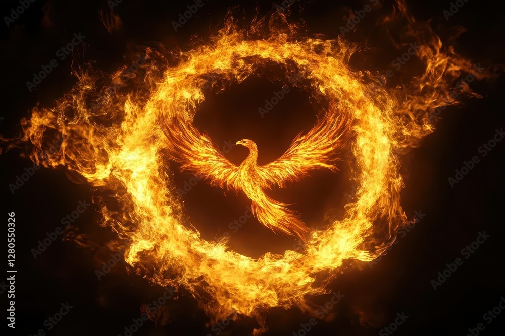 Fototapeta premium majestic phoenix rising from swirling flames, its wings spread wide within a perfect circle of fire
