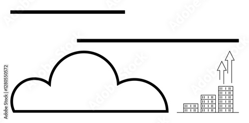 Minimalist cloud icon with coins stacked and growing arrows, symbolizing technology, growth, business, or digital development. Ideal for innovation, investment, data storage, tech trends finance