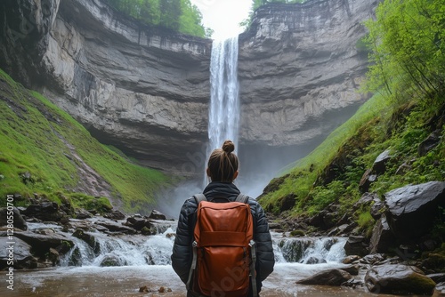 Hiker Admiring a Beautiful Waterfall in a Lush Forest During a Tranquil After...