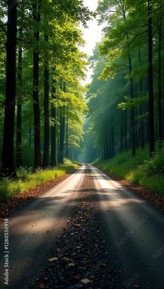 Naklejka premium Forest floor with asphalt road passing through, pavement, nature