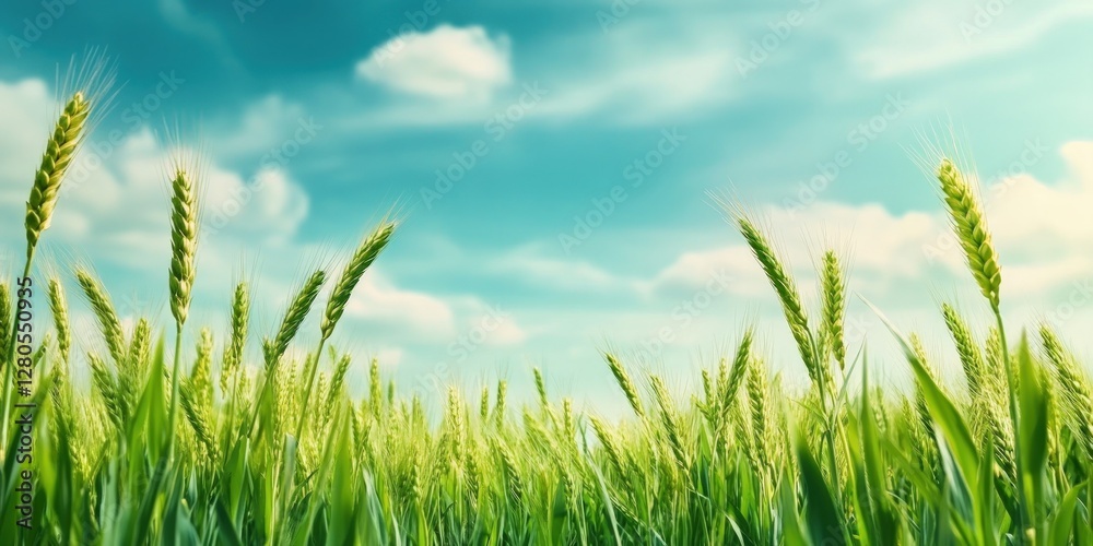Fototapeta premium Lush Green Wheat Field Under Clear Blue Sky with Fluffy Clouds