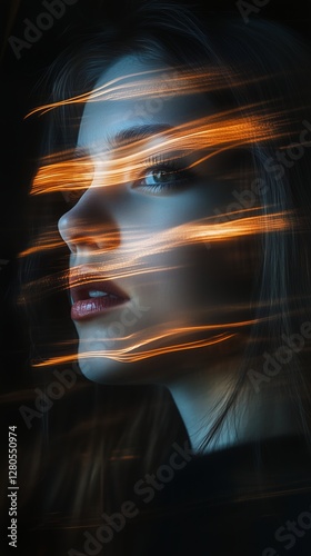 Portrait of a Woman With Artistic Light Streaks Captured at Dusk in a Natural...