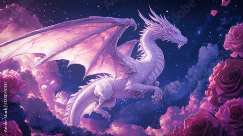 A beautiful white dragon with pink and purple wings, surrounded by clouds and roses floating under the moonlight