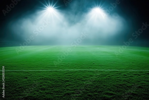 majestic soccer stadium illuminated by powerful floodlights piercing through misty night air, emerald pitch gleaming under artificial lights, dramatic shadows casting across empty stands