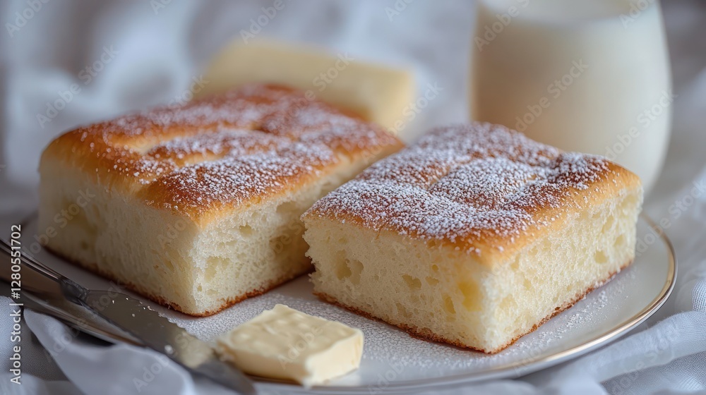A fluffy Japanese milk bread loaf, its pillowy slices neatly arranged and dusted with a light coating of powdered sugar A fluffy Japanese milk bread loaf, its pillowy slices neatly arranged and dusted with a light coating of powdered sugar