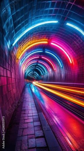 Vivid Light Trails in a Tunnel at Night Demonstrating Motion and Dynamic Energy