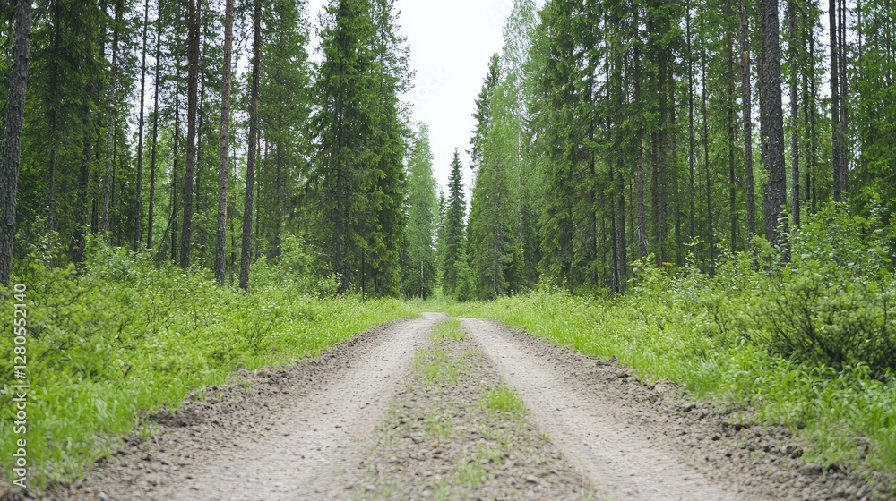 Fototapeta premium Forest Path Through Green Trees. Possible use for stock photos Wilderness nature, forest walk, travel, or nature background