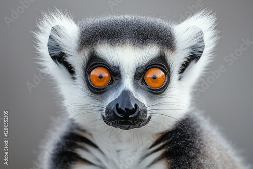 Lemur With Striking Orange Eyes Gazes Into the Camera Against a Neutral Backg...
