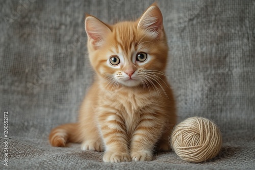 Cute Orange Kitten Playing With a Small Ball of Yarn in a Cozy Indoor Setting...