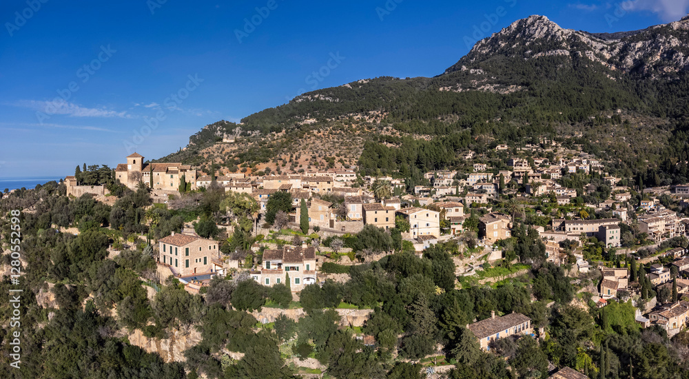 Deia valley and village, Natural area of the Serra de Tramuntana., Majorca, Balearic Islands, Spain Deia valley and village, Natural area of the Serra de Tramuntana., Majorca, Balearic Islands, Spain