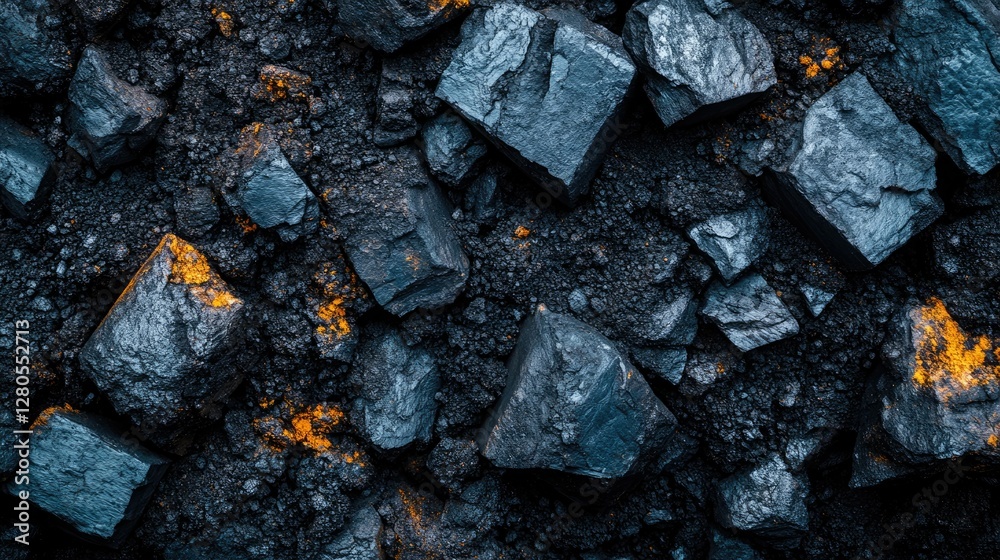 Textured surface of coal showing shiny black stones with hints of orange on a dark background in a close-up view Textured surface of coal showing shiny black stones with hints of orange on a dark background in a close-up view