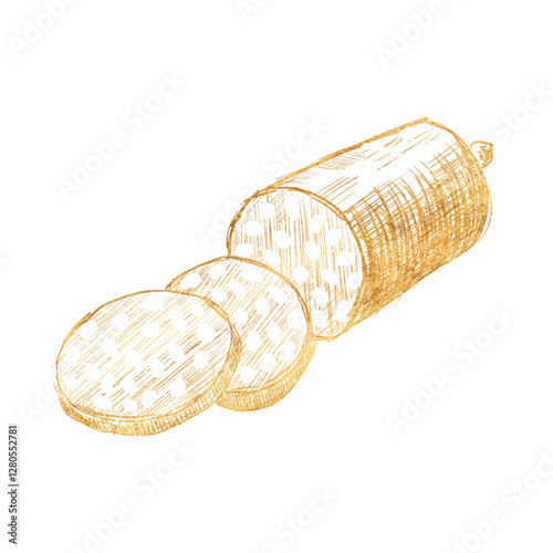 Vector freehand golden sausage, salami scribble isolated on white background. Texture of writing materials. Handwritten doodles and pencil strokes. Hand drawn gold sausage line art style