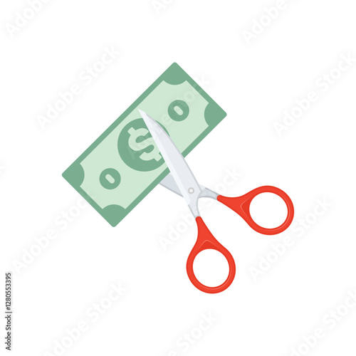 Scissors cutting money. Sale and Discounts symbol. Concept of cost reduction or cut price.