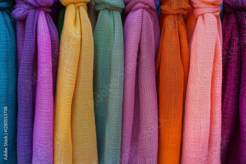 Colorful Woven Scarves Displayed in a Market During a Sunny Afternoon