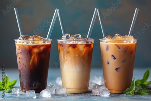 Wallpaper Mural Set of three iced coffee drinks in clear cups, each with different milk ratios, straws, and ice cubes Torontodigital.ca