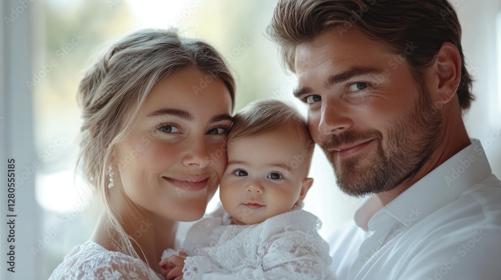 Family portrait capturing a joyful moment with parents and their baby in a bright, airy indoor setting Family portrait capturing a joyful moment with parents and their baby in a bright, airy indoor setting