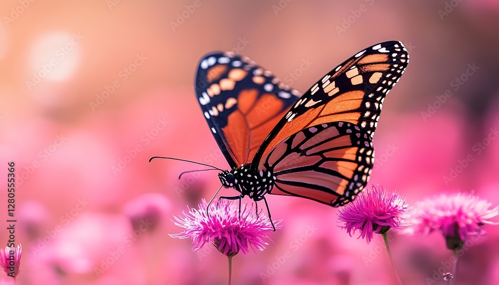 Fototapeta premium Monarch butterfly on pink flowers, golden hour