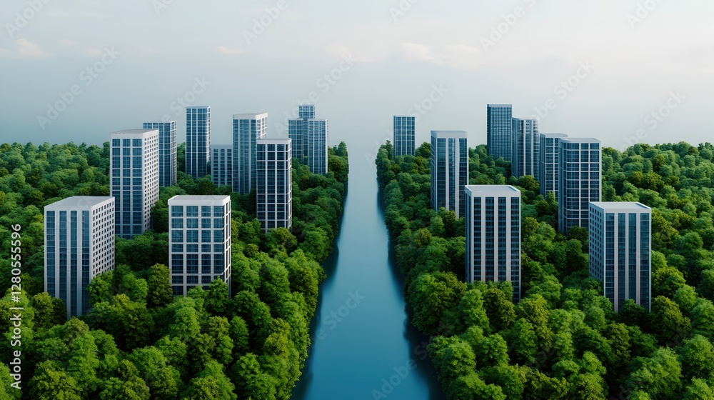 Obraz premium Modern Cityscape Surrounded by Lush Greenery and Calm River