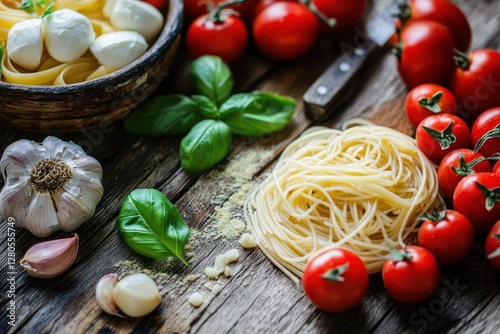 mediterranean feast laid out on rustic wooden table, fresh mozzarella, vine-ripened tomatoes, aromatic garlic, and al dente pasta bathed in warm sunlight