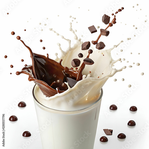 A chocolate splash and milk on a transparent background.