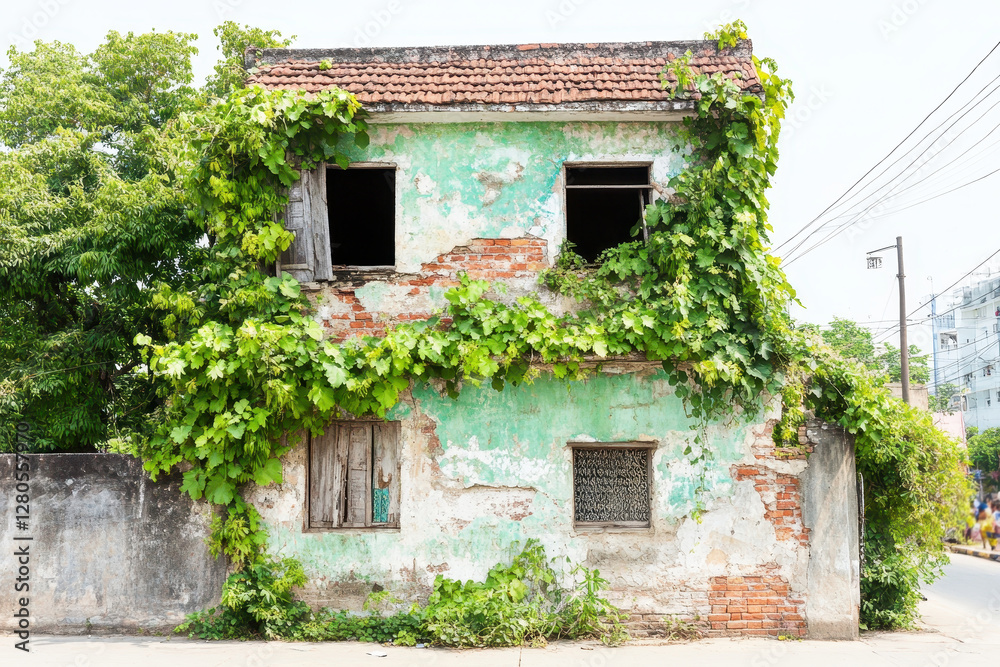 Abandoned house with overgrown plants in a sunny urban street scene Abandoned house with overgrown plants in a sunny urban street scene