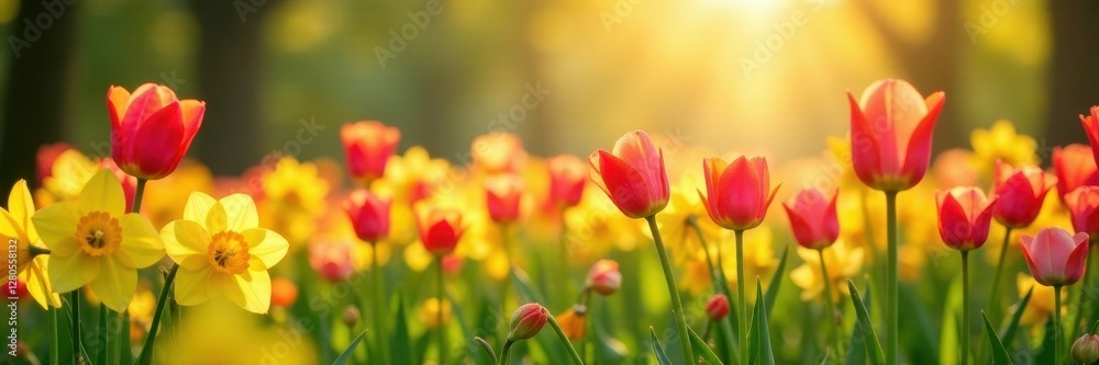 Vibrant tulips, daffodils bloom in sunlit meadow, purple, flowers Vibrant tulips, daffodils bloom in sunlit meadow, purple, flowers