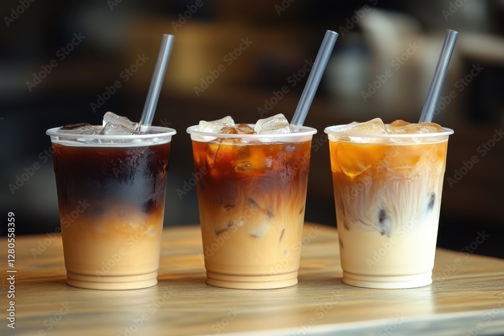 Set of three iced coffee drinks in clear cups, each with different milk ratios, straws, and ice cubes Set of three iced coffee drinks in clear cups, each with different milk ratios, straws, and ice cubes