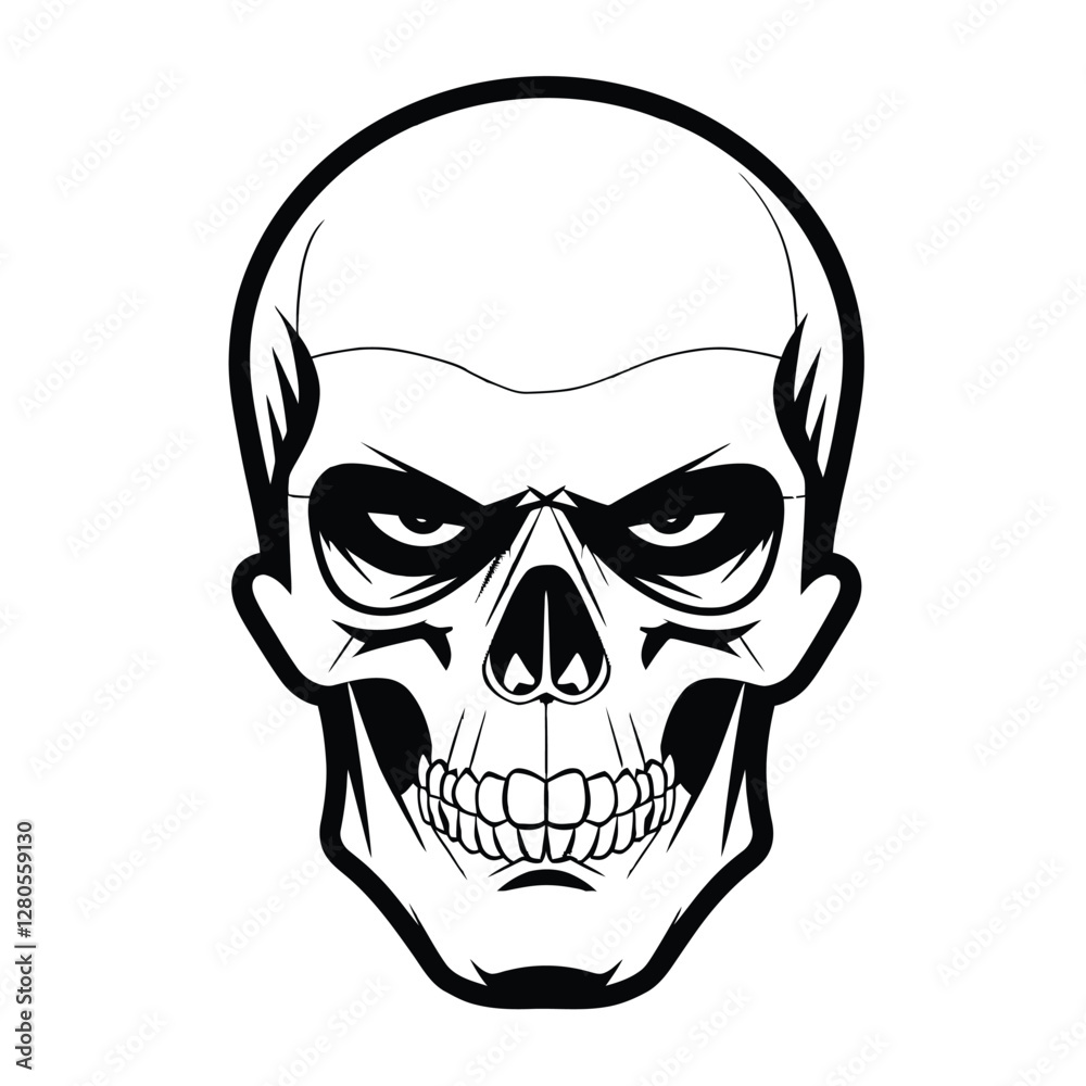 An all-black and white skull Character head in a vector drawing An all-black and white skull Character head in a vector drawing