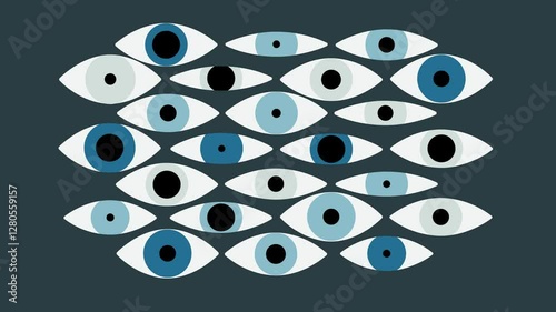 Stylized blinking eyes create a sense of being watched