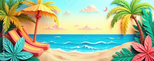 Layered paper cutouts of beach elements, vibrant summer colors, handmade, layered